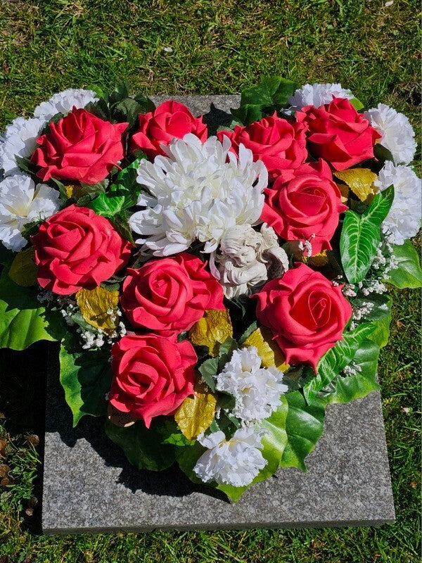 Casa-Poador Herzgesteck Grabschmuck Herz rote Rosen Kunstblumen Engel Friedhof
