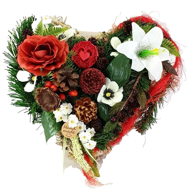 Grabschmuck Herz Kissen Moos 30 cm rot Weiß Rose Kunstblumen Zapfen Grabgesteck