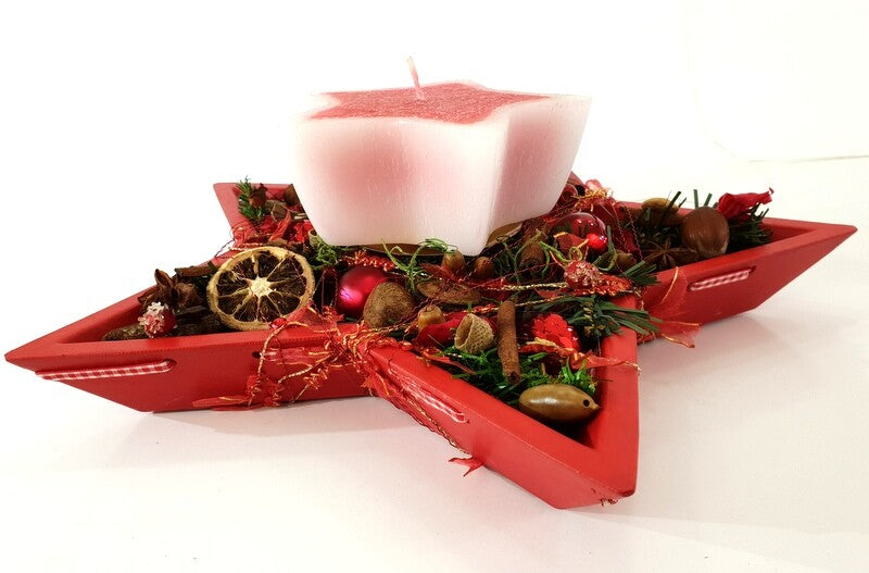 Adventsgesteck Weihnachten Tischschmuck Sternteller Kugeln Anis Zimt Kerze