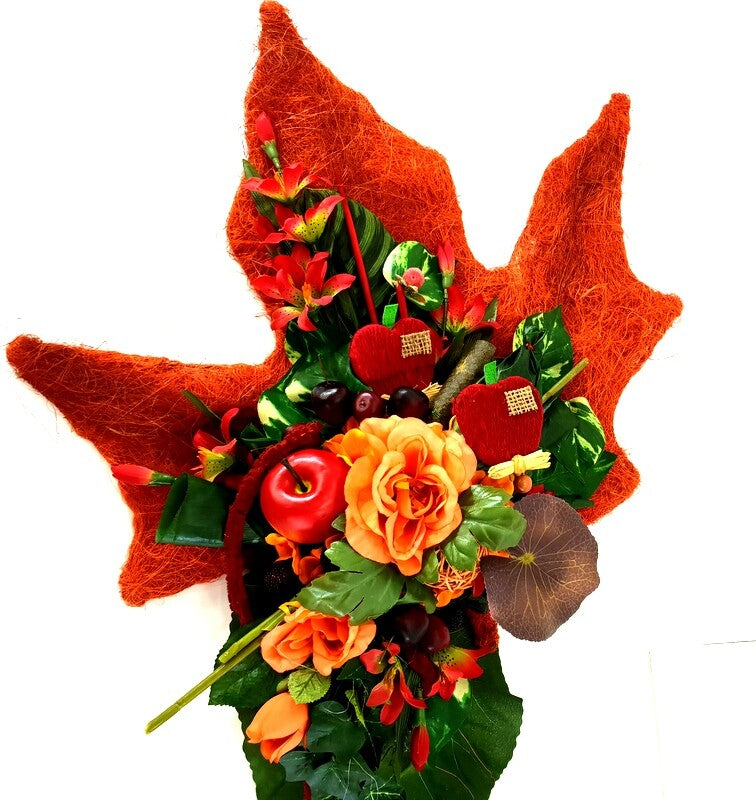 Gesteck Seide Ahornblatt Trocken Lachs Rot Kunstblumen Rosen Äpfel Früchte Deko