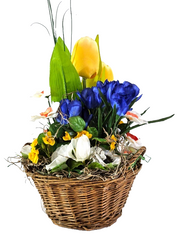 Casa-Poador Gesteck im Korb Tulpen Osterglocken Krokus Kunstblumen Frühling Deko