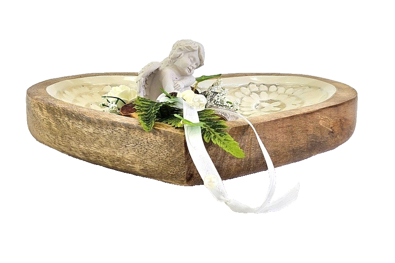 Casa-Poador Herzform aus Mangoholz Emaille Weiß Creme Holzschale Engel Friedhof