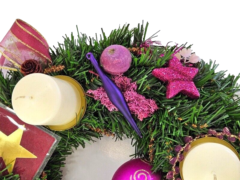 Adventskranz Rosa Lila Bourdaux künstliche Kiefer 35 cm Glitzerband Sterne 9065