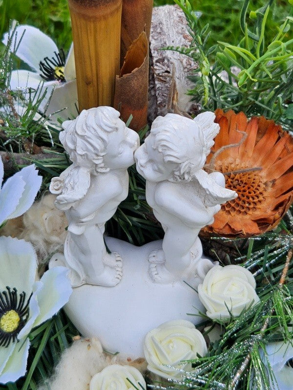 Casa-Poador Grabgesteck Weiß Naturdeko Künstliche Blumen Engel Gedenken Friedhof