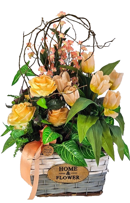 Casa-Poador Kunstblumengesteck im Korb Lachs Apricot Tulpen Rosen Deko Geschenk