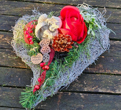 Grabschmuck Herz Reisigesteck Weiß Rot  Kunstblumen Natur
