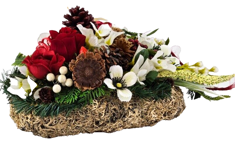 Grabschmuck Herz Kissen Moos 30 cm rot Weiß Rose Kunstblumen Zapfen Grabgesteck