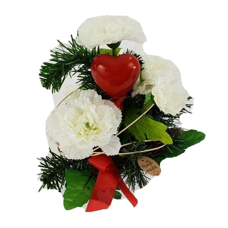 Gesteck Weiß Rot Seide Herz Nelken Kunstblumen künstliche Blumen Dekoration