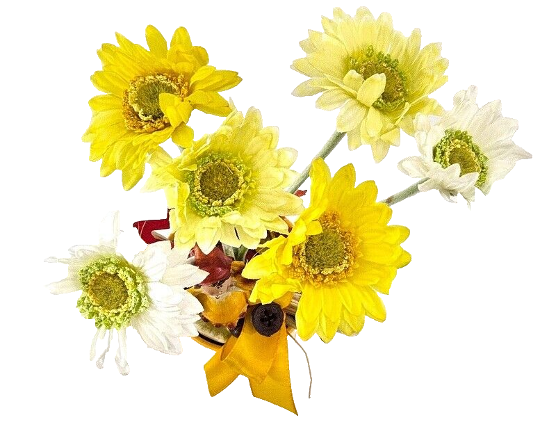 Topfblume Gerbera Gelb Weiß Kunstblumen Keramikgefäß rund Figur Blätter Geschenk