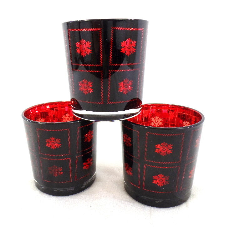 3 Teelichthalter Windlicht Gläser Rot Schneeflocke verspiegelt 8 cm H 7,5 cm D.