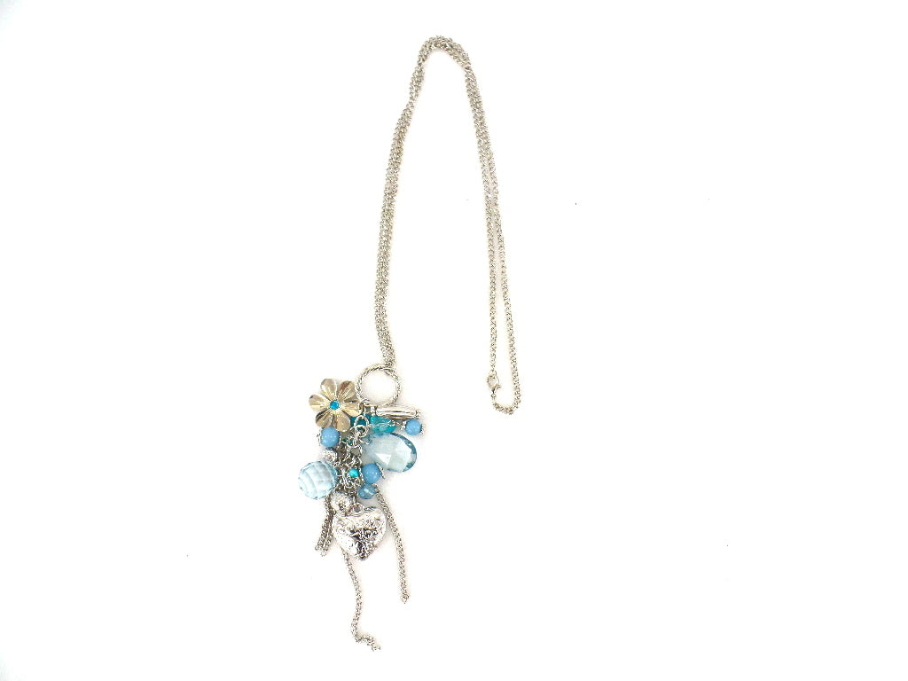 Halskette Schmuck - Art Perlen Blau / Türkis mit Herz / Blume Anhänger Schmuck