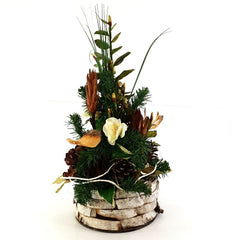 Grabschmuck Gesteck Stockrose Exoten Weiß Grün Natur Zapfen Badam künstlich