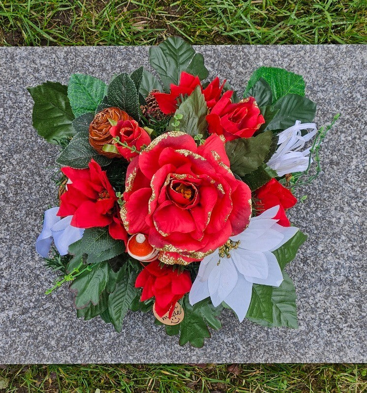 Casa-Poador Grabgesteck Rot Weiß Weihnachtsstern Rosen Kunsttanne Kunstblumen