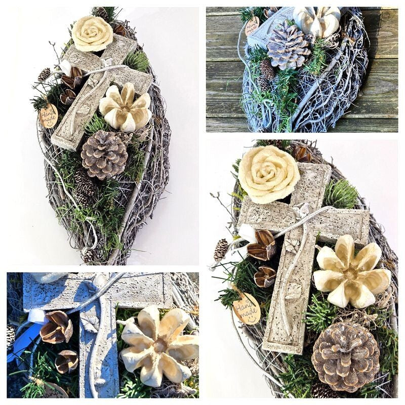 Grabschmuck Gesteck künstliche Blumen ellipse Weiß Naturmaterial Friedhof