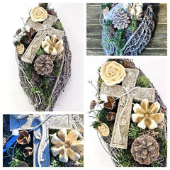 Grabschmuck Gesteck künstliche Blumen ellipse Weiß Naturmaterial Friedhof