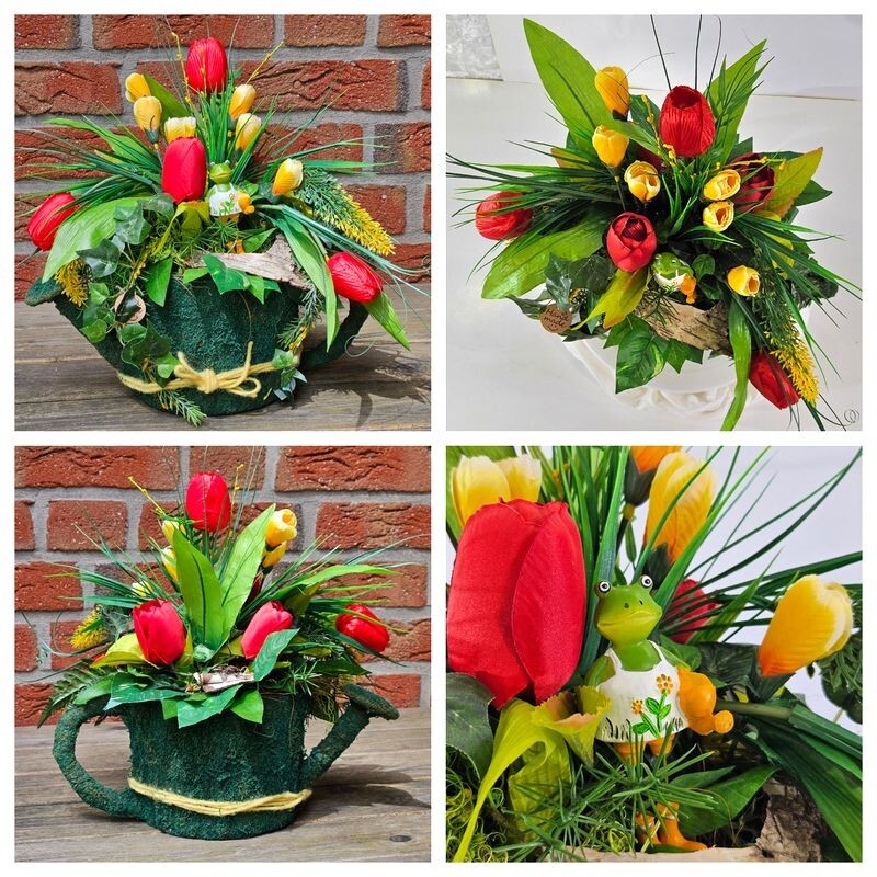 Casa-Poador Gesteck Kunstblumen Naturgefäß Gießkanne Tulpen Frühling Dekoration
