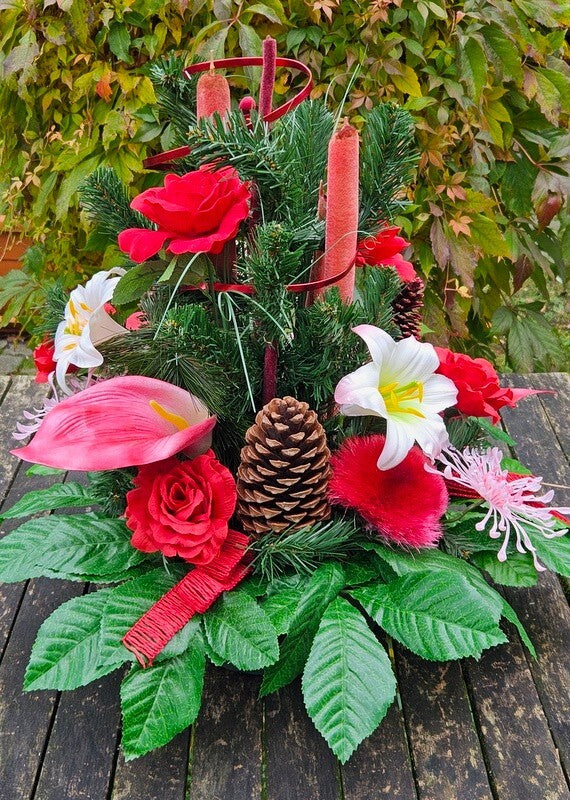 Casa-Poador Grabgesteck Schale Rot Rosa Lilien Rosen Kunstblumen Friedhof