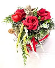 Grabschmuck Herz Reisigesteck Weiß Rot Foumrosen Herz Engel Kunstblumen Friedhof