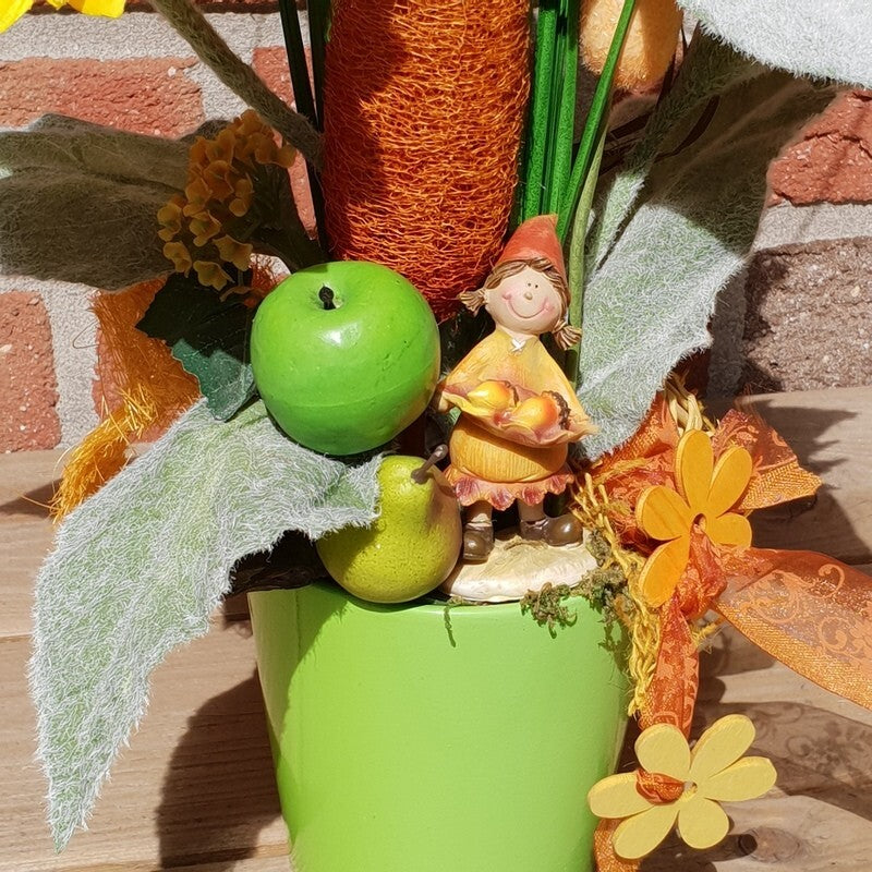 Gesteck Kunstblumen Sonnenblumen Mais im Topf Gelb Orange Figur Früchte