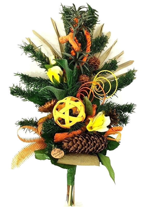 Grabschmuck Grabstrauß Trockenblumen grüne Calla künstliche Tanne Exoten flach