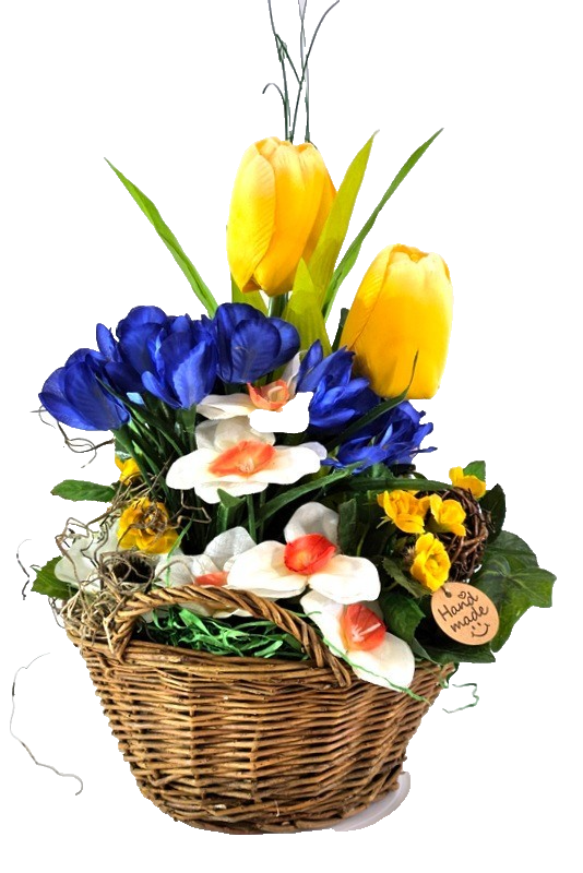 Casa-Poador Gesteck im Korb Tulpen Osterglocken Krokus Kunstblumen Frühling Deko