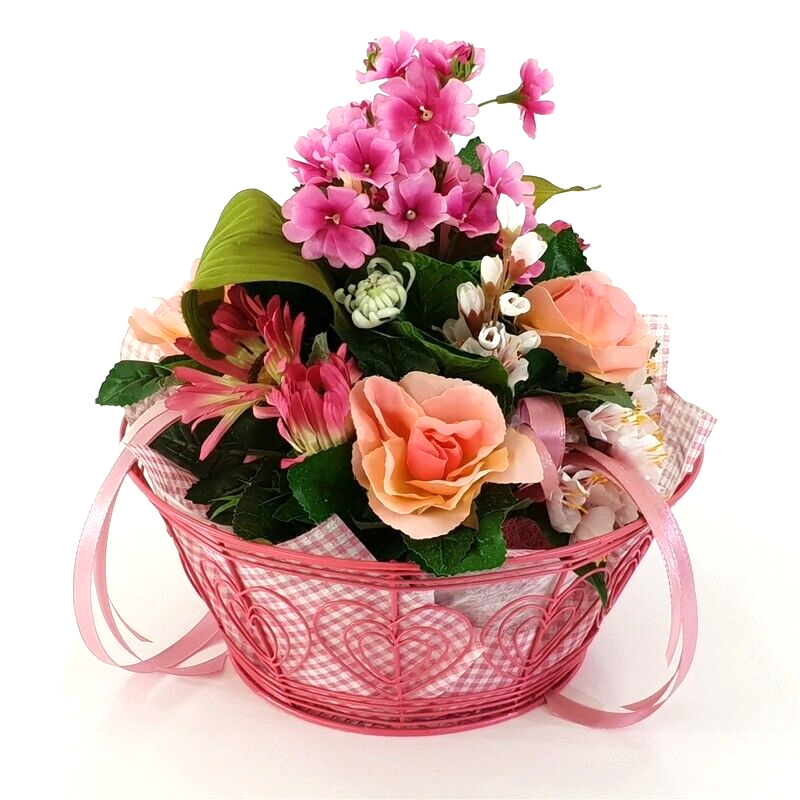 Gesteck im Metallkorb Primel Rosen Gerbera Rosa Kunstblumen Frühling