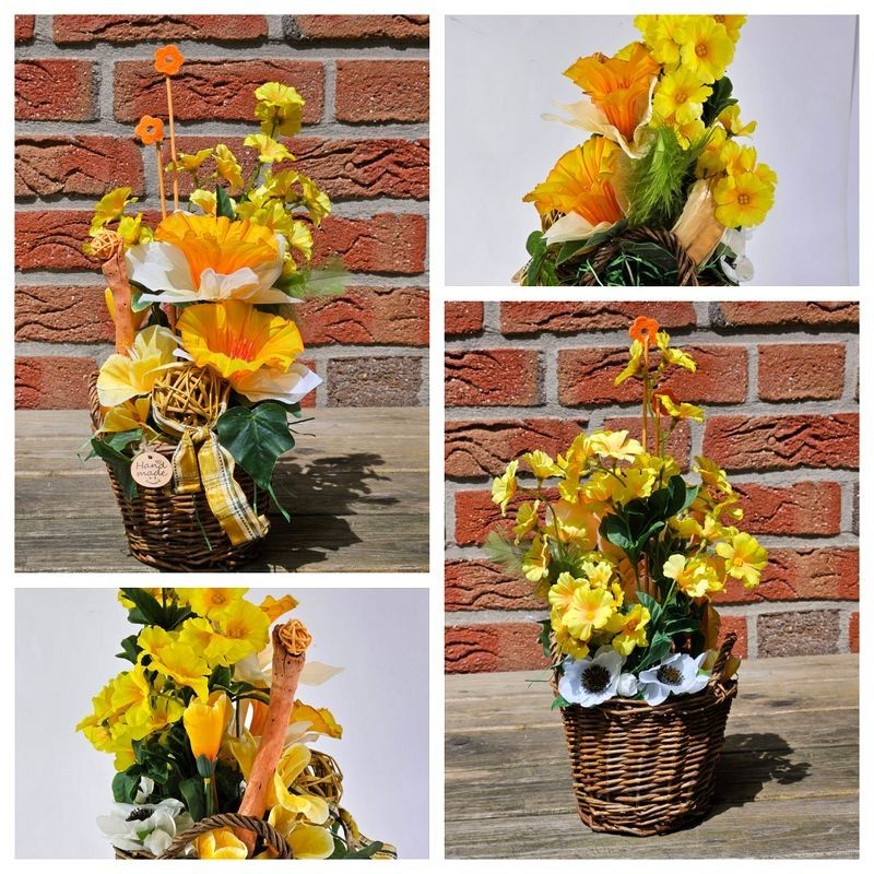 Casa-Poador Gesteck im Korb Osterglocken Primel Kunstblumen Frühling Dekoration