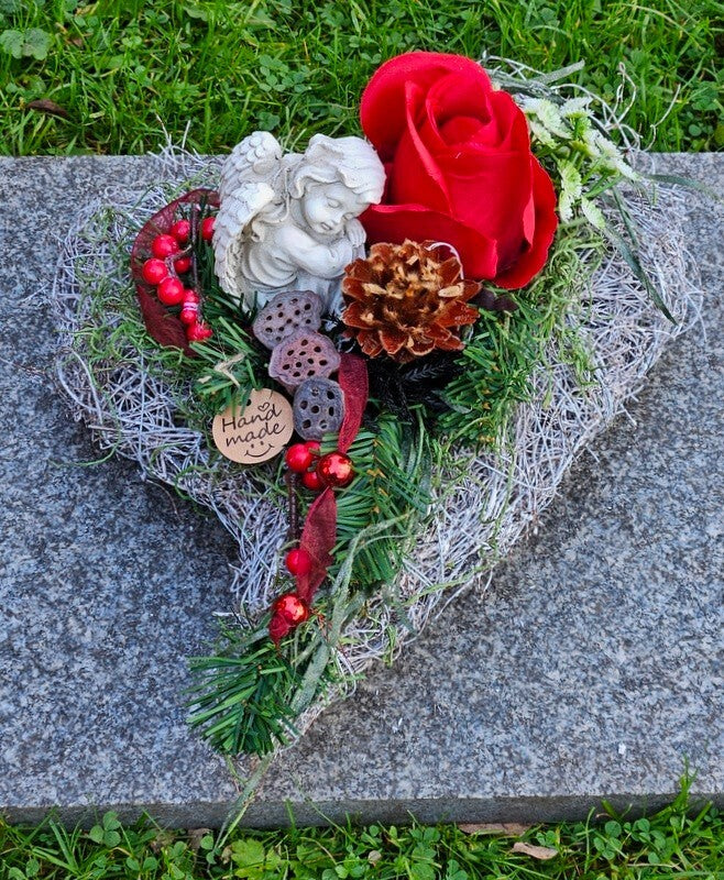 Grabschmuck Herz Reisigesteck Weiß Rot  Kunstblumen Natur
