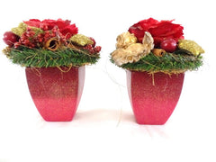 Weihnachtsgestecke Tischschmuck Rote Rose Gold Sterne Natur künstliche Tanne
