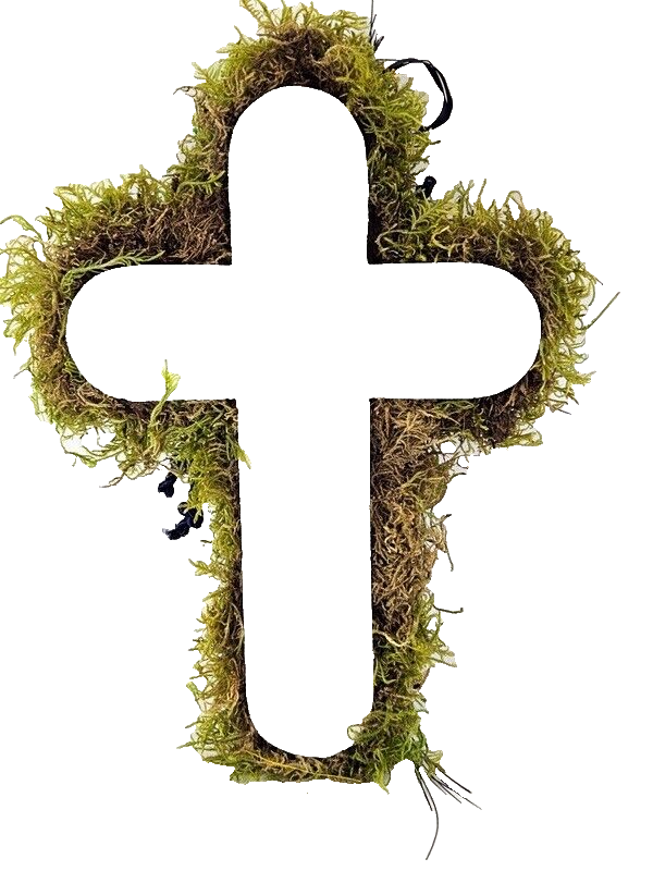 Grabschmuck Gesteck Moos Kreuz künstliche Blumen Weiß Blau Natur Friedhof