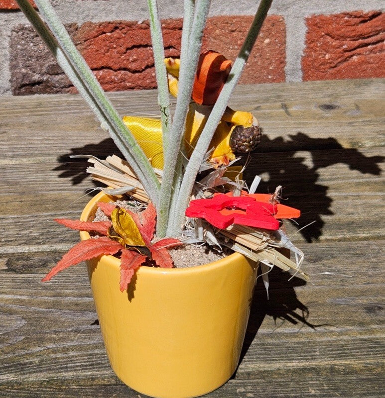 Topfblume Gerbera Gelb Weiß Kunstblumen Keramikgefäß rund Figur Blätter Geschenk