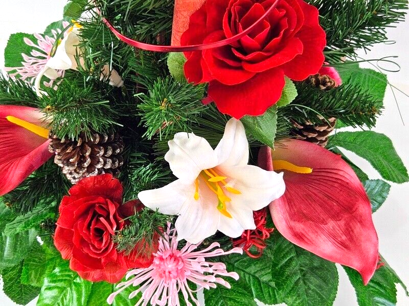 Casa-Poador Grabgesteck Schale Rot Rosa Lilien Rosen Kunstblumen Friedhof