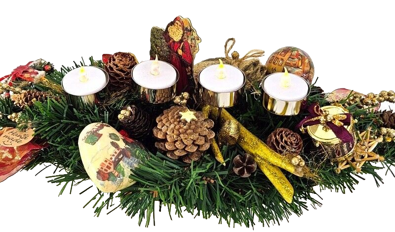 Weihnachtsgesteck Tischschmuck Nostalgie Zapfen Kugeln Tanne Kerzen