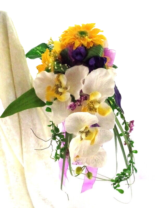 Strauß Seide Weiß Gelb Flieder Phalaenopsis Kunstb 40 cm Brautstrauß abfließend