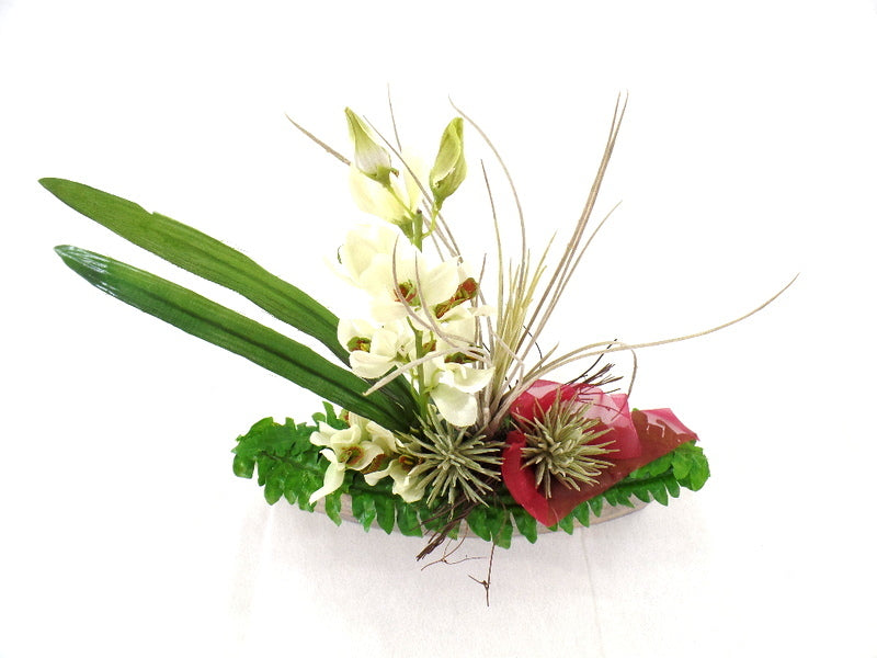 Orchideengesteck Seide Kunstblumen Ellipse Blumengesteck Bordaux Schleife
