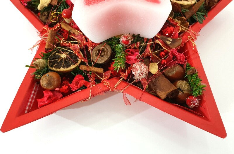Adventsgesteck Weihnachten Tischschmuck Sternteller Kugeln Anis Zimt Kerze
