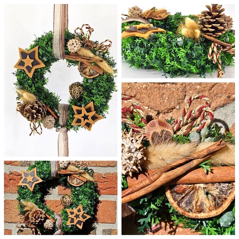 Türkranz Wandkranz künstlich Braun Natur Thuja 21 cm Sterne Zapfen Zimt Lagurus
