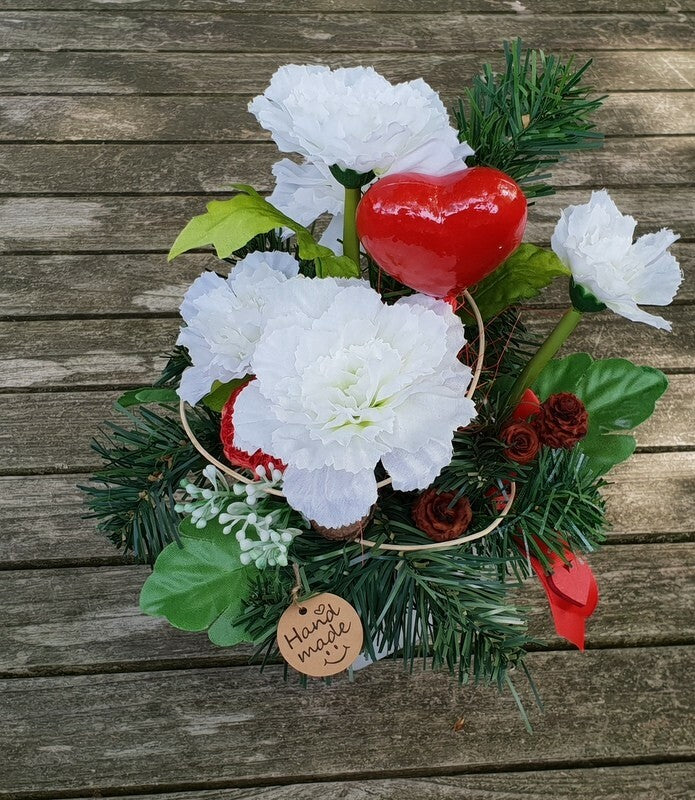 Gesteck Weiß Rot Seide Herz Nelken Kunstblumen künstliche Blumen Dekoration