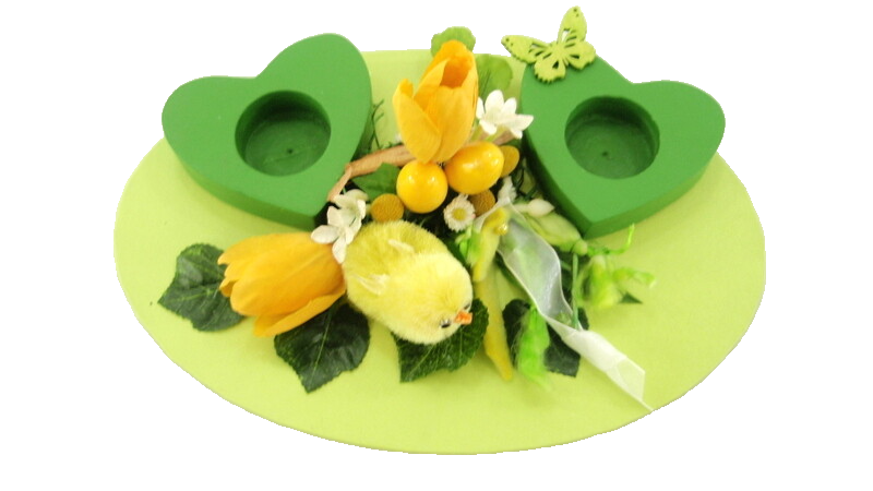Gesteck Seide Grün Gelb Ostern Kunstblumen 2 Eierkerzen 2 Teelichter Dekoration