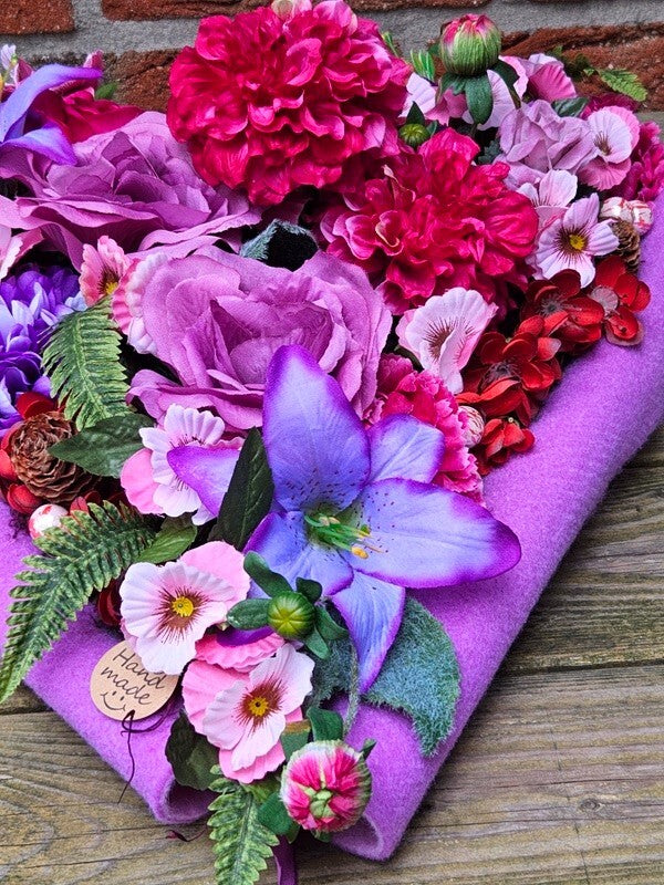 Grabgesteck Grabschmuck Herz Rosa Lila  Rosen Dahlie Kunstblumen Natur Friedhof