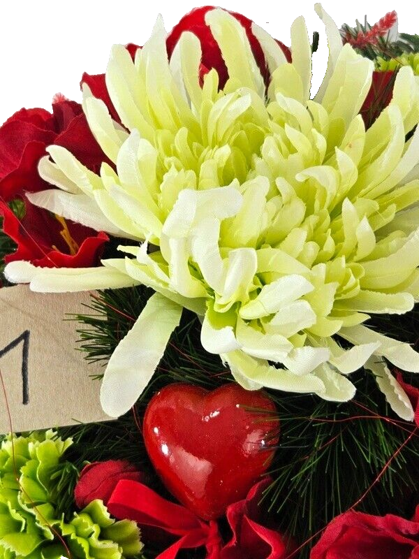 Casa-Poador Grabschmuck rotcreme Rosen Chrysantheme Seidentanne Kunstblumen Herz