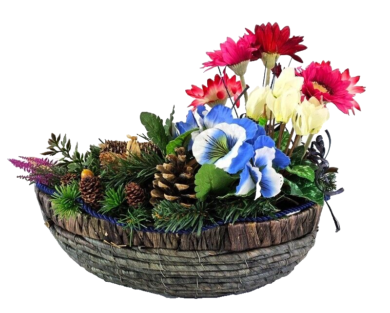Grabschmuck Gesteck künstliche Blumen Tropfen Rosa Blau Exoten Zapfen Friedhof