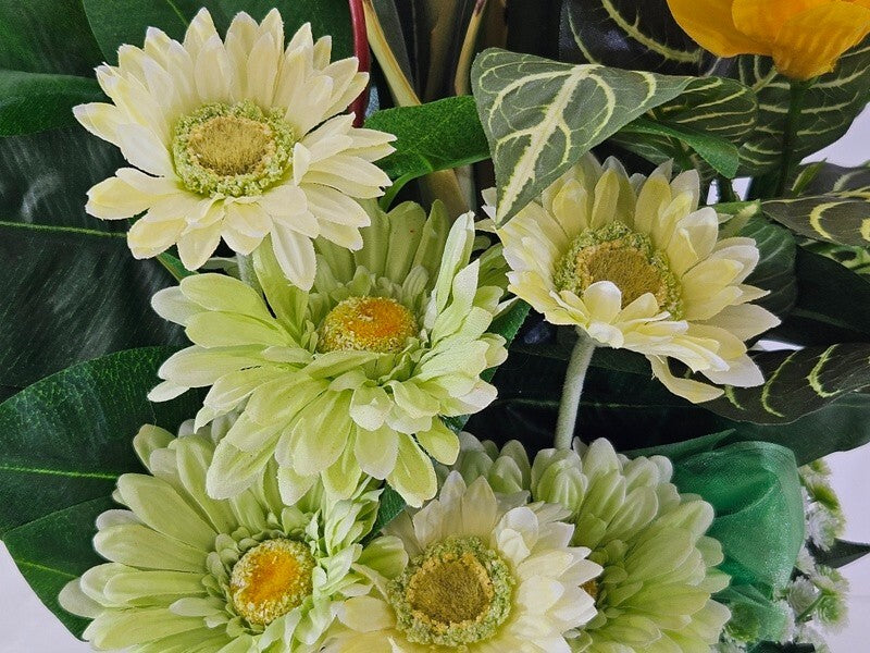 Casa-Poador Gesteck Kunstblumen Korb Topf rund Gelb Weiß Gummibaum Gerbera