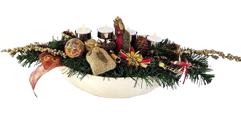 Weihnachtsgesteck Tischschmuck Nostalgie Zapfen Kugeln Tanne Kerzen