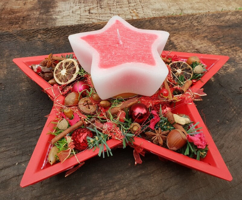 Adventsgesteck Weihnachten Tischschmuck Sternteller Kugeln Anis Zimt Kerze