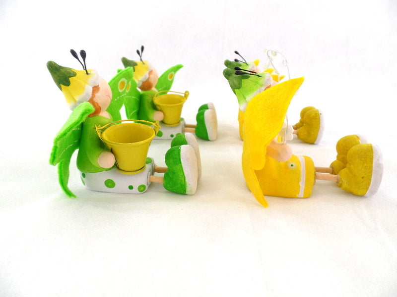 Schmetterling Elfen Figuren Set 4 Stck sitzend Keramik Ton Gelb Grün 8 cm