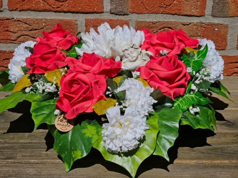 Casa-Poador Herzgesteck Grabschmuck Herz rote Rosen Kunstblumen Engel Friedhof