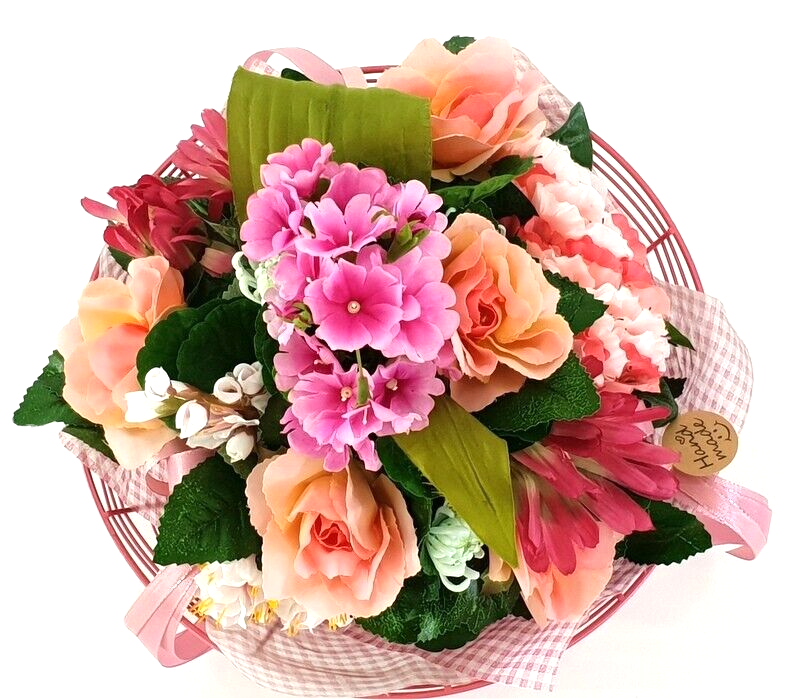 Gesteck im Metallkorb Primel Rosen Gerbera Rosa Kunstblumen Frühling