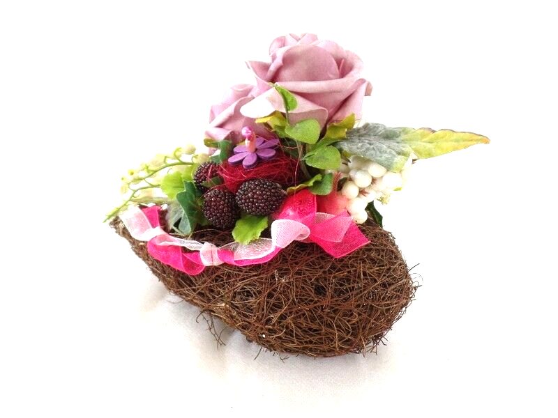 Grabschmuck Herz Reisigesteck Rosa Kunstblumen Natur Beeren Maiglöckchen