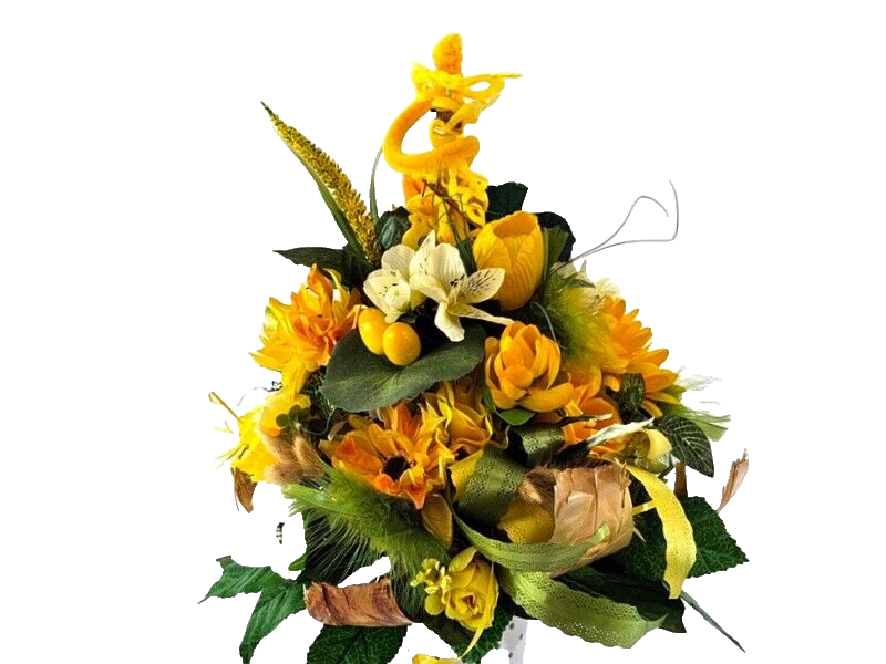 Strauß Osterstrauss Gelb Weiß  Seide Kunstblumen Tulpen Eier Federn Kücken Deko